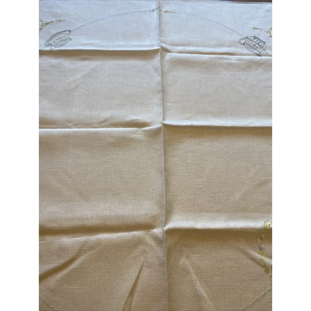 Vintage Table Cloth Linen Ivory Blue Flowers Pitcher Square  35
